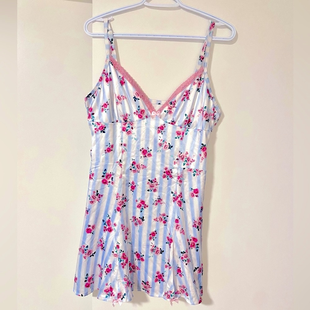 Floral Stripe Pink Lace Trim Sleep Slip - Women